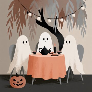 Cozy Halloween Tea Party with Cute Friendly Ghosts, Pumpkin Decor and Warm Candlelight Under Autumn Leaves