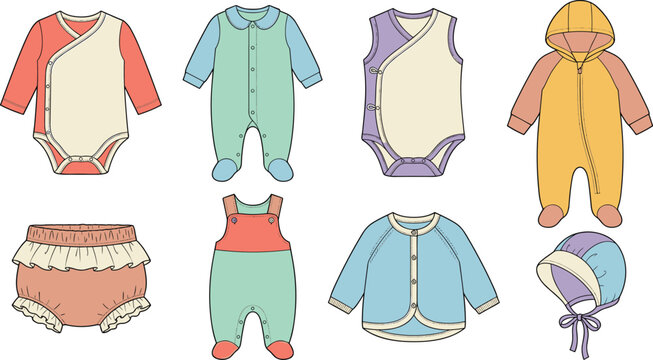Cute Baby Clothing Collection Featuring Bodysuits Rompers Jacket Hoodie Bloomers and Bonnet Vector Apparel Set