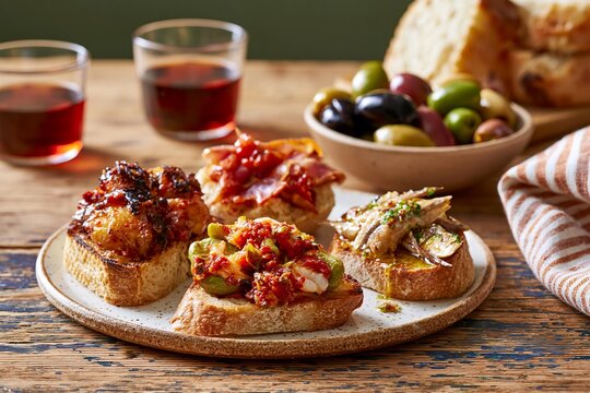 Tapas spread featuring various pintxos including boquerones on toasted bread, accompanied by olives and red wine in glasses on a rustic wooden table