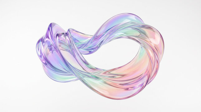 3D iridescent glass torus knot on white background.