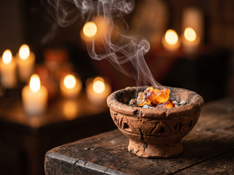 Smoking Clay Copal Incense Holder Sitting on Dark Rustic Wooden Surface