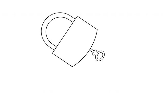 Line animation of a key inserting and opening a padlock
