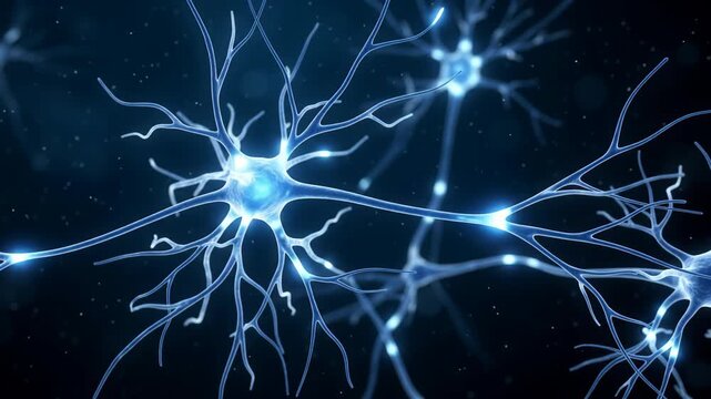 Blue neural network firing electrical impulses in the human brain