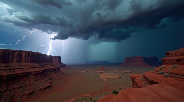 Tormenta el&eacute;ctrica intensa sobre un ca&ntilde;&oacute;n des&eacute;rtico; imponentes nubes de tormenta se alzan sobre formaciones rocosas rojizas