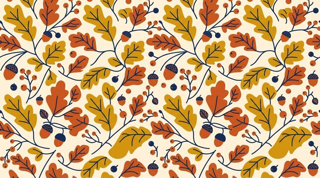 Nordic autumn seamless pattern with oak leaves, acorns, and wild berries in mustard yellow and terracotta