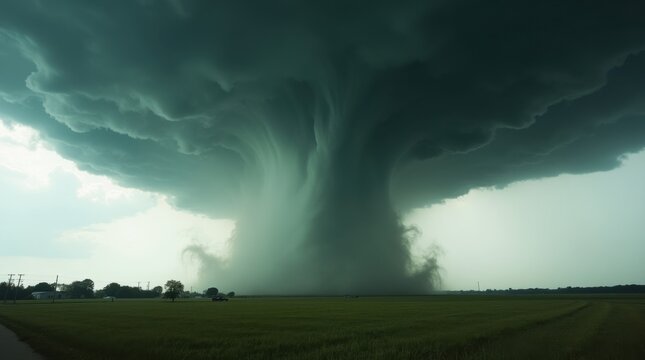 Tornado violento form&aacute;ndose sobre un campo agr&iacute;cola abierto; gran nube en embudo