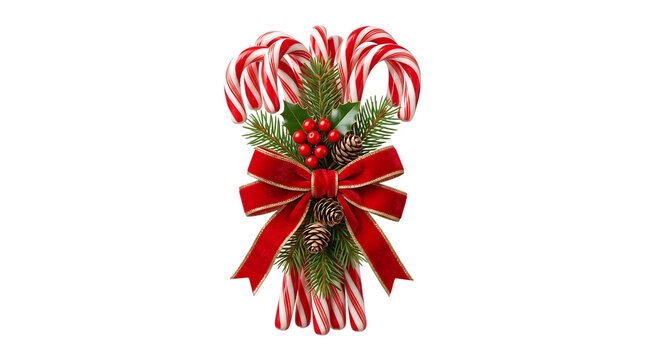 Festive christmas candy cane bundle decorated with red velvet bow pine branches and holly berries on white