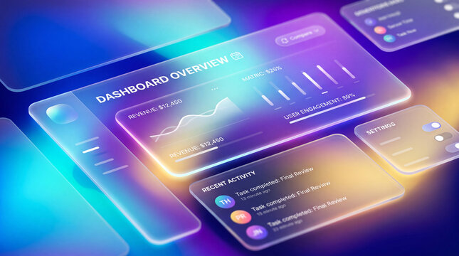Futuristic Glass UI Dashboard Interface with Analytics Data Visualization and Neon Gradient