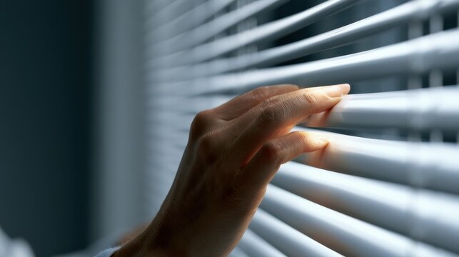 A hand peeking through the blinds, creating a sense of mystery and intrigue