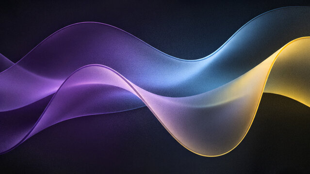 Abstract grainy glassmorphism background with blurred purple light blue and yellow frosted glass wavy aura ribbons over premium dark black backdrop design.