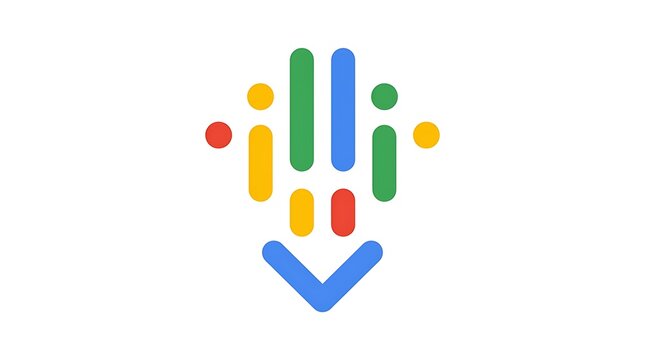 Minimalist abstract logo icon with colorful vertical bars and arrow, geometric data visualization symbol, modern corporate identity element