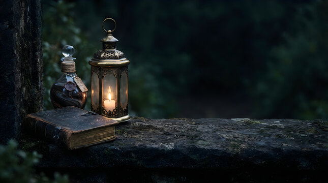 Mystical vintage lantern with glowing candle, ancient leather book and potion bottle on stone wall, dark moody fantasy atmosphere Halloween