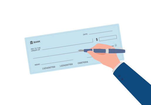 A hand signing a bank paper check, financial operations