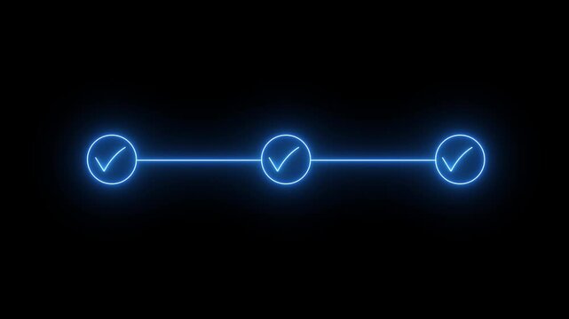 neon 3 step infographic process with check mark icon. infographic step by step process icon animation on black background, step process success with check marks 4k video.