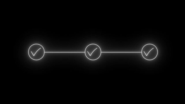 neon 3 step infographic process with check mark icon. infographic step by step process icon animation on black background, step process success with check marks 4k video.
