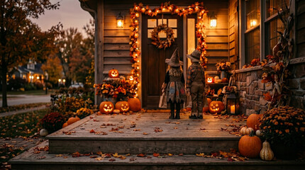 Naklejka premium children in halloween costumes standing on decorated porch with pumpkins at dusk