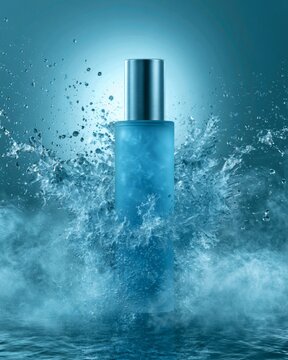 Hydrating blue skincare serum bottle surrounded by powerful water splash and mist