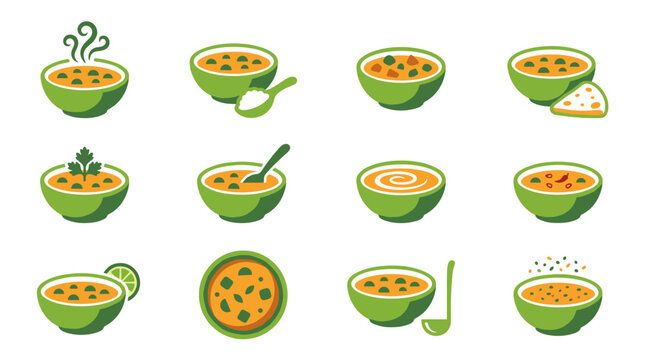 Collection of stylized soup bowl icons with various ingredients and garnishes