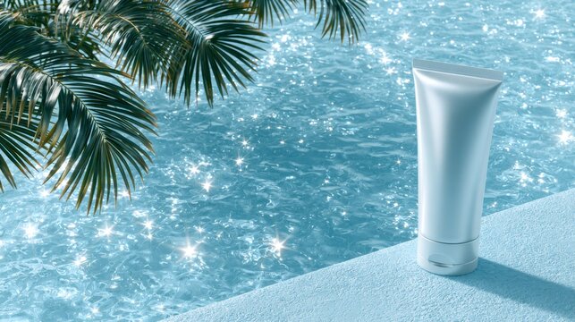 White skincare cream tube beside sparkling pool water and tropical palm leaves in sunlight