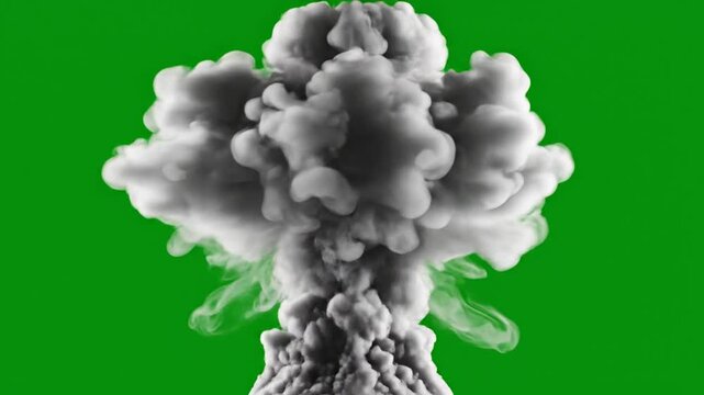 Large Explosion Mushroom Cloud Isolated on Green Screen Background