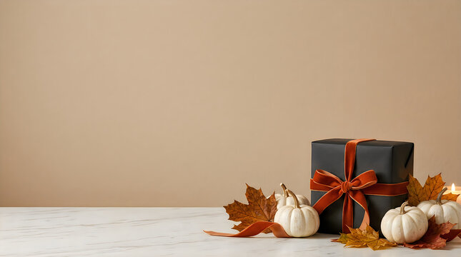 Elegant autumn gift box with velvet ribbon, white pumpkins and fall leaves on marble table, minimalist thanksgiving background with copy space Halloween