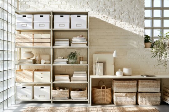 Organized office shelving with storage boxes books baskets and minimalist workspace