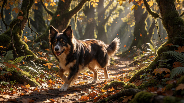 Ein Border Collie erkundet aufmerksam einen sonnigen Waldweg. Das Motiv steht f&uuml;r Naturverbundenheit, Bewegung und gemeinsame Outdoor-Aktivit&auml;ten.
