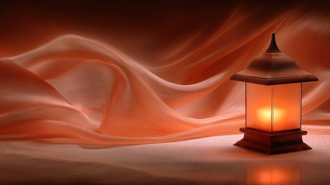 Ornate metal lantern with soft glow on dd fabric background
