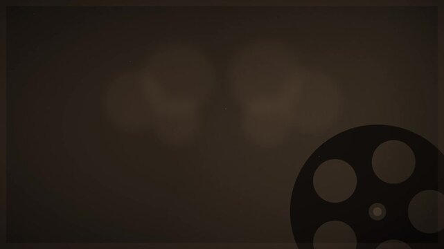 Rotating vintage film reel on a dark sepia background with bokeh