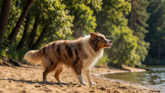 Ein nasser Australian Shepherd sch&uuml;ttelt nach dem Schwimmen am See sein Fell aus und verspr&uuml;ht tausende Wassertropfen. Das Motiv vermittelt Bewegung, Lebensfreude und sommerliche Natur.