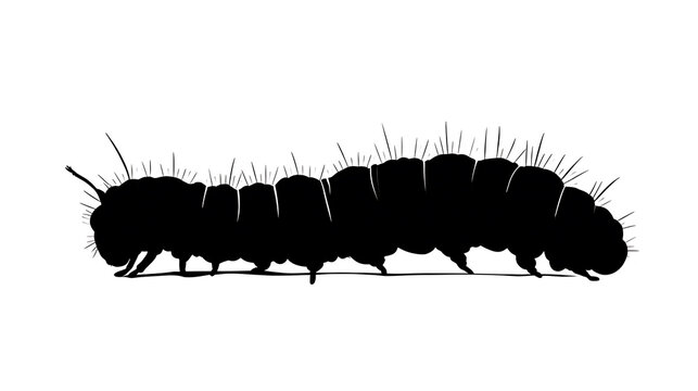 Silhouette of a caterpillar in black and white. The image shows a detailed profile of the insect's segmented body, with tiny hairs visible on its surface