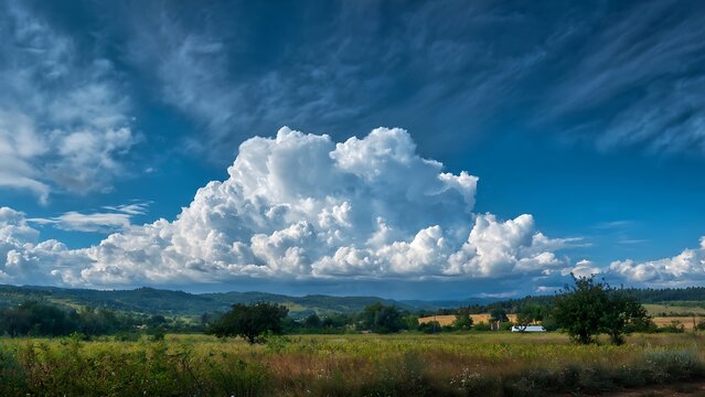 Stunning Cumulus Clouds Over A Rolling Countryside Landscape.