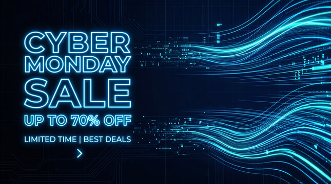 Cyber Monday sale neon banner background with glowing futuristic digital data lines