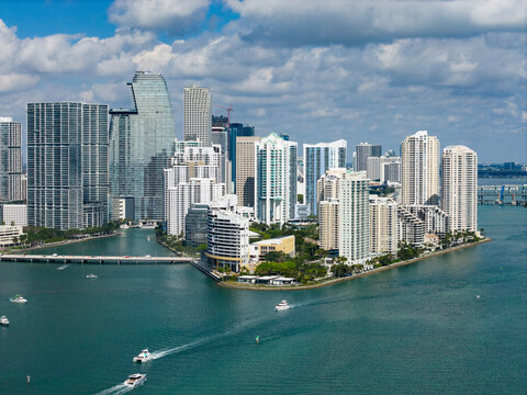 Miami waterfront panorama. Miami business district sky view. Panoramic Miami coastline.