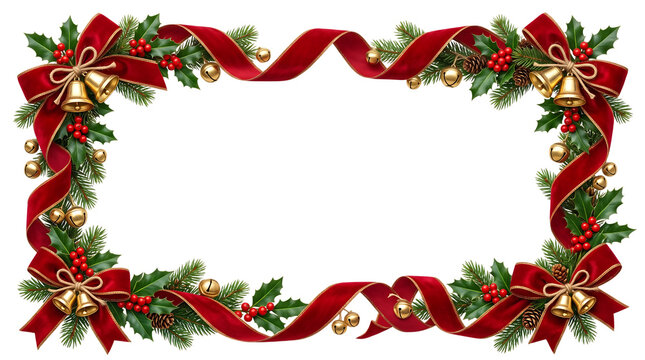 Elegant christmas border frame with red velvet ribbons holly berries and golden bells on black background