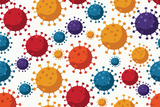 Seamless pattern displays a variety of colorful virus and bacteria cells with protein spikes on a clean white background.