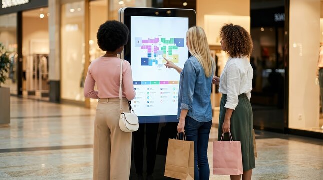 Three diverse women using a digital kiosk in a modern shopping mall.