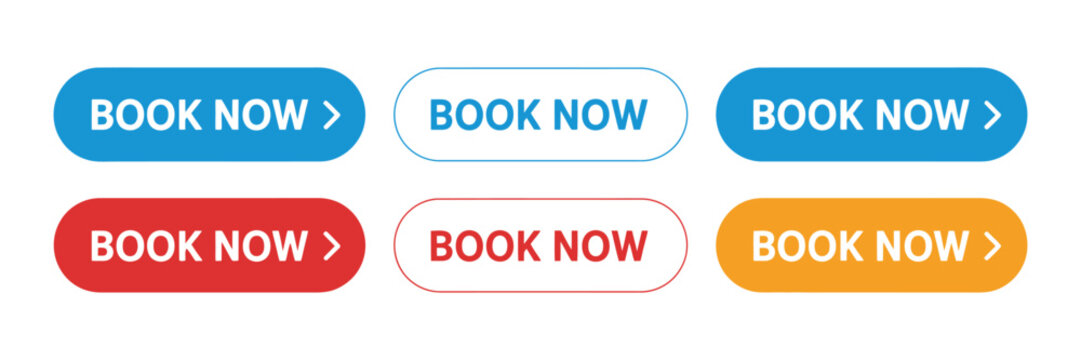 Book Now Labels Vector with Colorful Modern Badge Icons and Arrow Symbols for Online Booking User Interface and Advertising