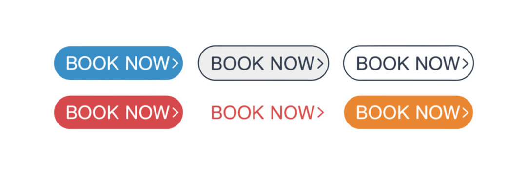 Book Now Labels Vector with Colorful Modern Badge Icons and Arrow Symbols for Online Booking User Interface and Advertising