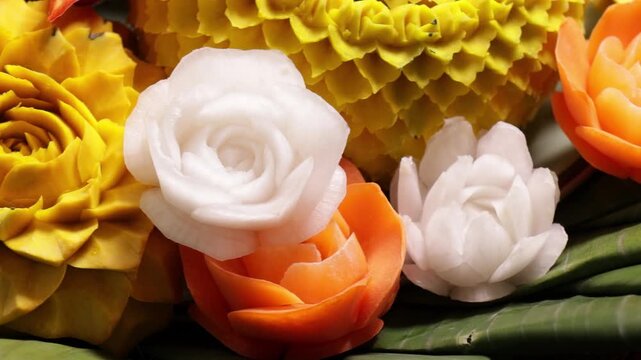 Thai traditional fruit and vegetable carving art arrangement featuring carved watermelon, cantaloupe, and pumpkin in Bangkok, Thailand