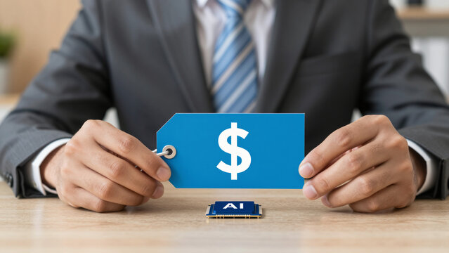AI Cost vs Value Comparison &ndash; Businessman Holding Price Tag and AI Chip on Desk for ROI Analysis, Innovation Budgeting, and Digital Transformation Content