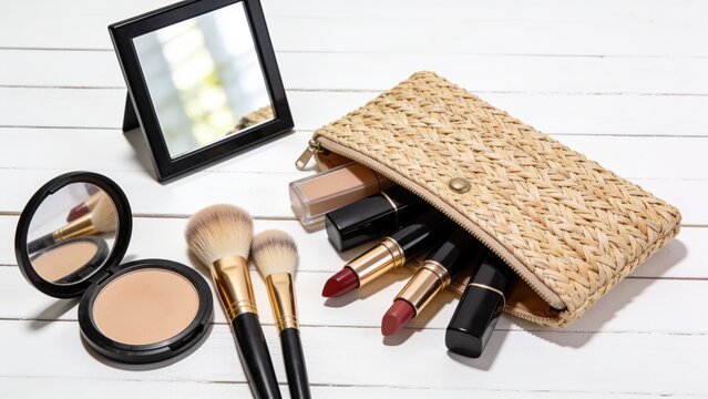 Minimalist makeup collection with wicker pouch and beauty tools on neutral background
