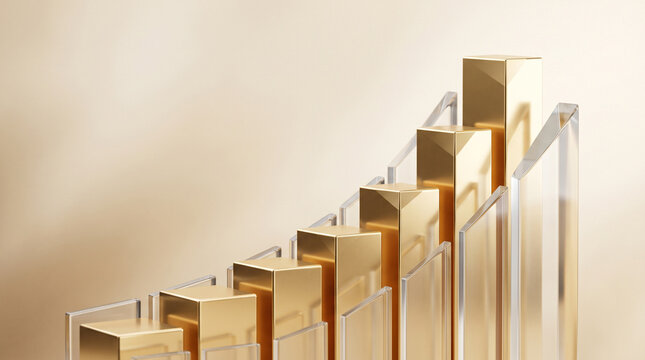 Golden bar graph financial growth chart success concept abstract 3d render background