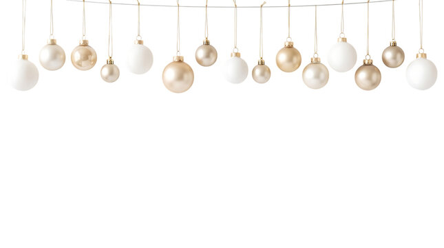 Elegant white and gold christmas baubles hanging in a row isolated on a white background