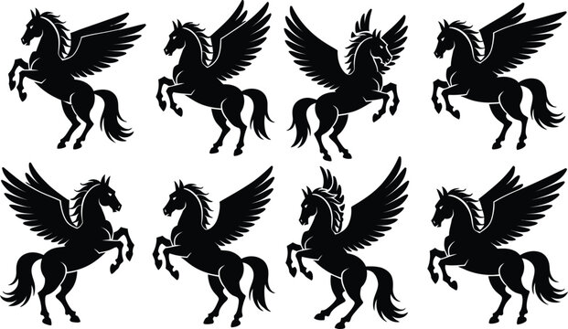 Black silhouettes of running wolves in dynamic poses wolf animal