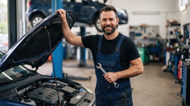 Smiling mechanic holding wrench in car workshop
