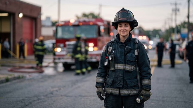Female firefighter in uniform standing outdoors