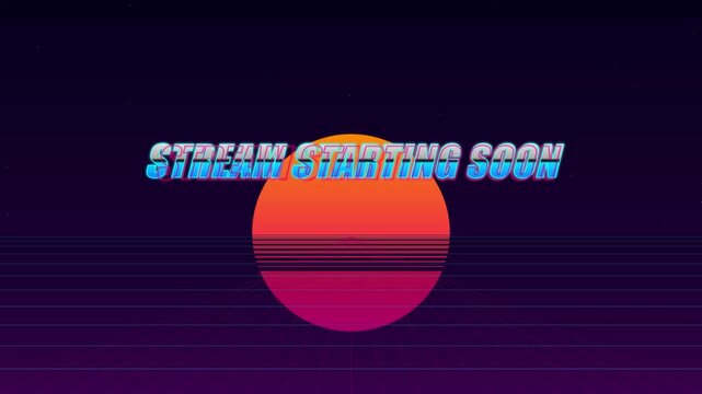 Retro synthwave stream starting soon screen with neon sun