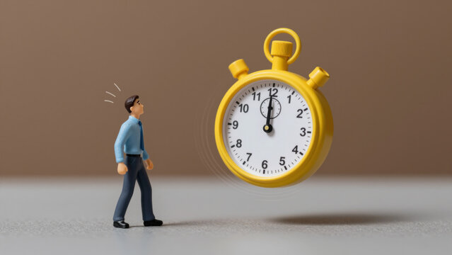 Office Worker Figurine with Oversized Stopwatch &ndash; Minimalist Stylized Concept on Gray Surface for Deadlines, Time Management, and Workplace Efficiency Content