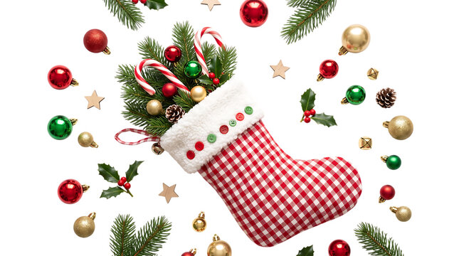 Red and white checkered christmas stocking filled with pine branches and candy canes on black background